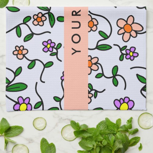 Colorful Flowers Blue Background Orange Kitchen Towel