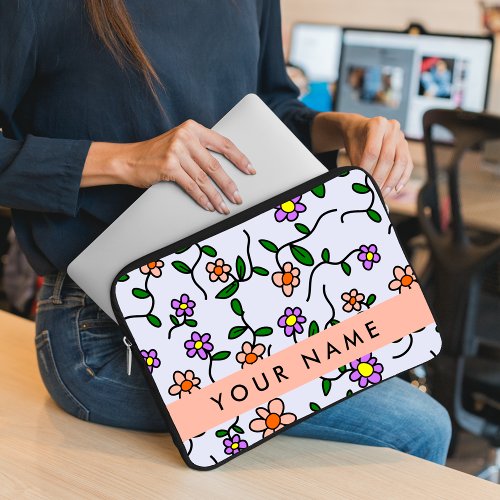 Colorful Flowers Blue Background Orange Laptop Sleeve