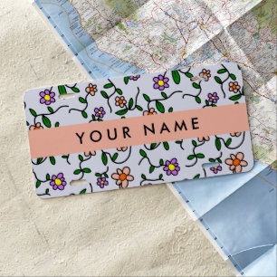 Colorful Flowers, Blue Background, Orange License Plate