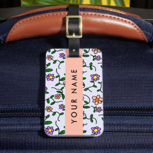 Colorful Flowers, Blue Background, Orange Luggage Tag