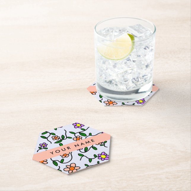Colorful Flowers, Blue Background, Orange Paper Coaster (Insitu)