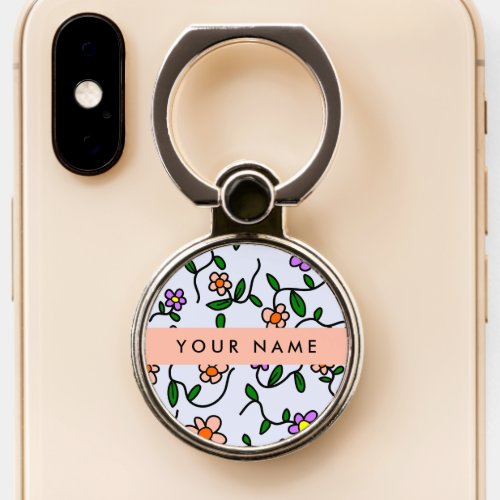 Colorful Flowers Blue Background Orange Phone Ring Stand