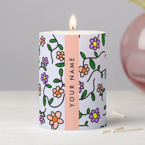 Colorful Flowers Blue Background Orange Pillar Candle