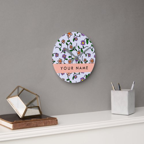 Colorful Flowers Blue Background Orange Round Clock