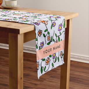Colorful Flowers, Blue Background, Orange Short Table Runner
