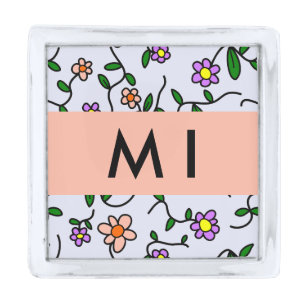 Colorful Flowers, Blue Background, Orange Silver Finish Lapel Pin