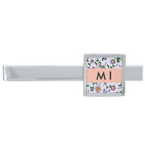 Colorful Flowers Blue Background Orange Silver Finish Tie Bar