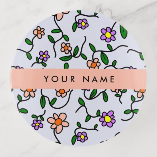 Colorful Flowers Blue Background Orange Trinket Tray