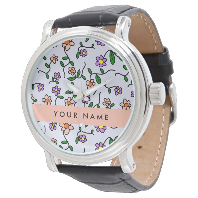 Colorful Flowers, Blue Background, Orange Watch (Angled)