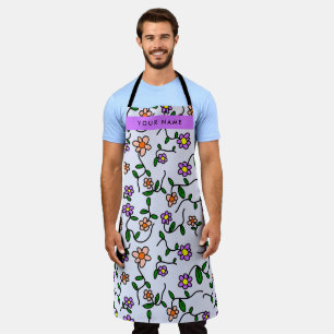 Colorful Flowers, Blue Background, Purple Apron