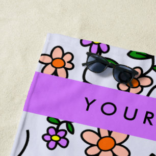 Colorful Flowers, Blue Background, Purple Beach Towel