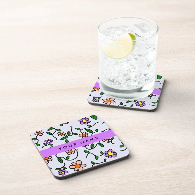 Colorful Flowers, Blue Background, Purple Beverage Coaster (Right Side)