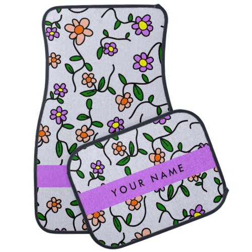 Colorful Flowers Blue Background Purple Car Floor Mat