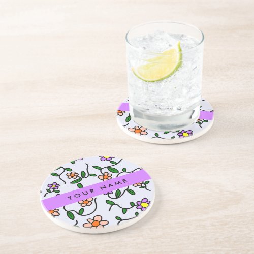 Colorful Flowers Blue Background Purple Coaster
