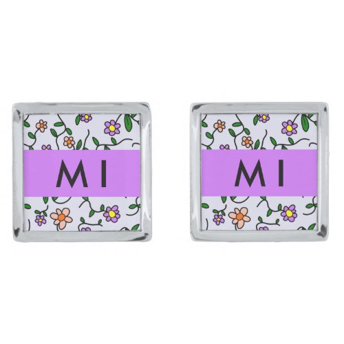 Colorful Flowers Blue Background Purple Cufflinks