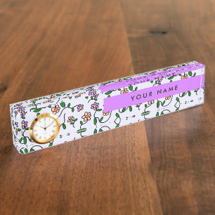Colorful Flowers, Blue Background, Purple Desk Name Plate
