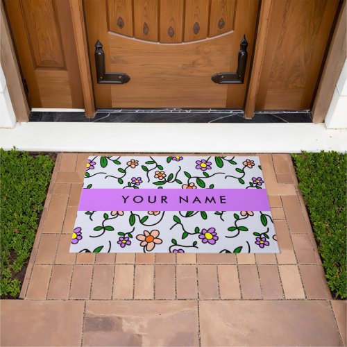 Colorful Flowers Blue Background Purple Doormat