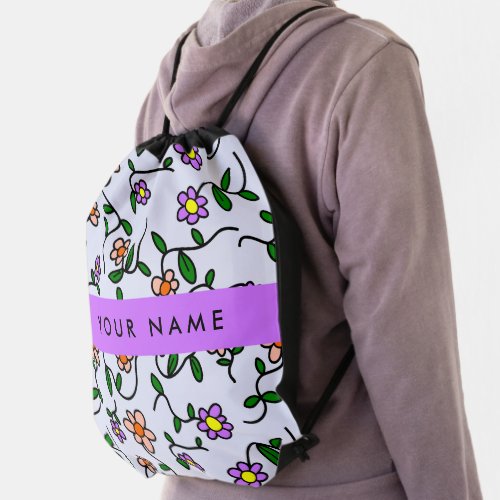 Colorful Flowers Blue Background Purple Drawstring Bag