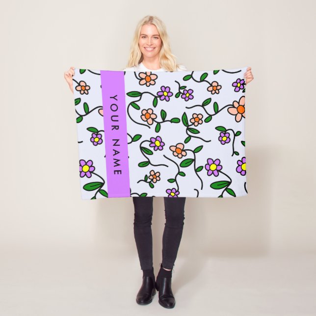 Colorful Flowers, Blue Background, Purple Fleece Blanket (In Situ)