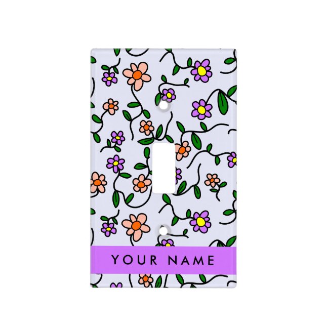 Colorful Flowers, Blue Background, Purple Light Switch Cover (Front)