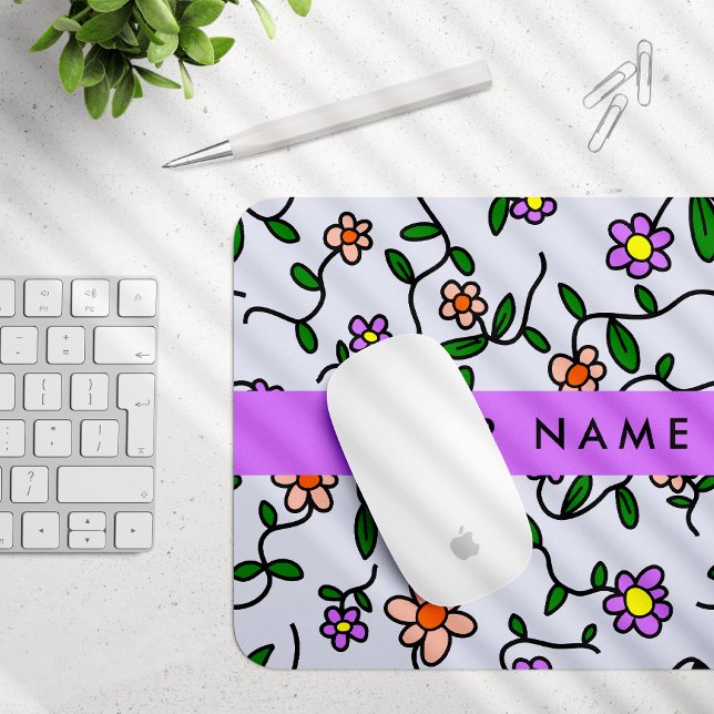 Colorful Flowers, Blue Background, Purple Mouse Pad (Creator Uploaded)