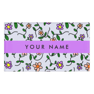 Colorful Flowers, Blue Background, Purple Name Tag
