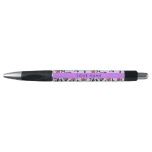 Colorful Flowers, Blue Background, Purple Pen