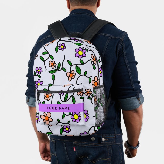 Colorful Flowers, Blue Background, Purple Printed Backpack (Insitu (Model))
