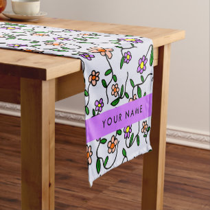 Colorful Flowers, Blue Background, Purple Short Table Runner