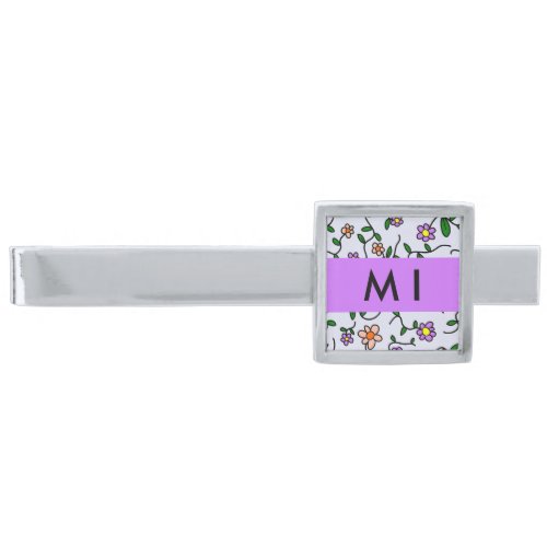 Colorful Flowers Blue Background Purple Silver Finish Tie Bar