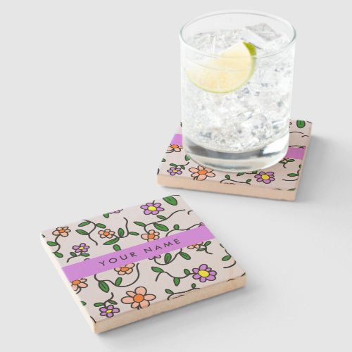 Colorful Flowers Blue Background Purple Stone Coaster