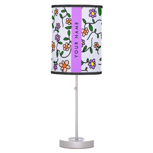 Colorful Flowers Blue Background Purple Table Lamp