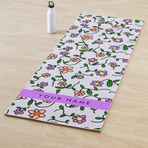 Colorful Flowers, Blue Background, Purple Yoga Mat