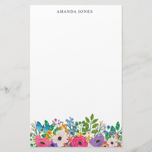 Colorful Flowers & Blue Butterfly Stationery (Front)