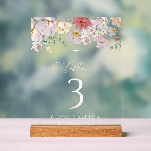 Colorful Flowers, Boho, Baptism Table Numbers Acrylic Sign (Neutral)