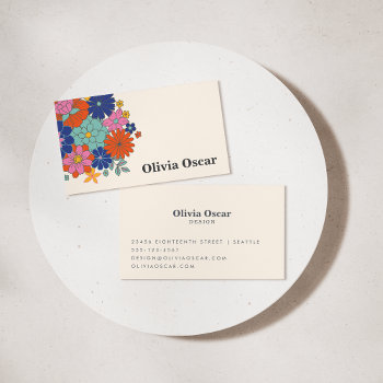 Colorful Flowers Boho Bright Retro Floral Art Business Card by LEAFandLAKE at Zazzle