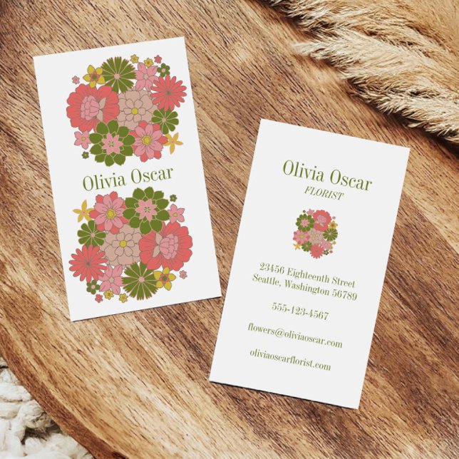 Colorful Flowers Boho Pink Floral Illustration Business Card (Creator Uploaded)
