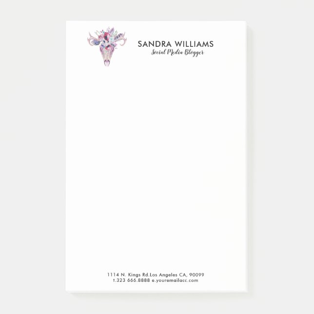 Colorful flowers boho skull illustration post-it notes (Front)