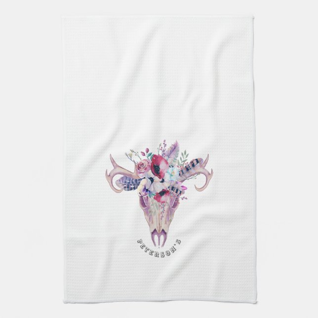 Colorful Flowers Boho Skull Kitchen Towel (Vertical)