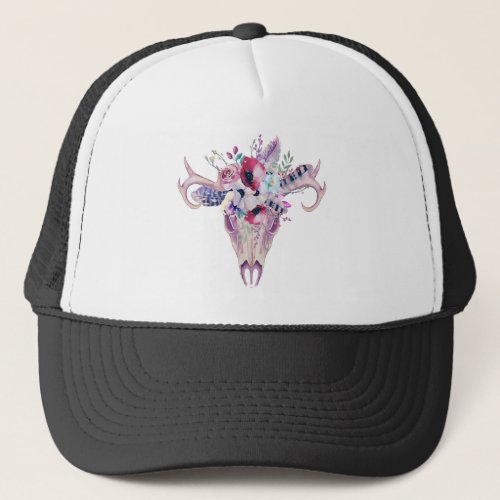 Colorful flowers boho skull trucker hat