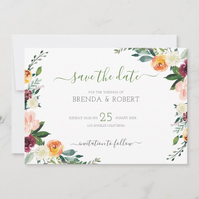Colorful flowers border save the date (Front)