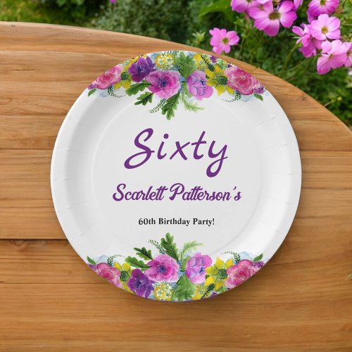 Colorful Flowers Botanical Floral 60th Birthday Paper Plates