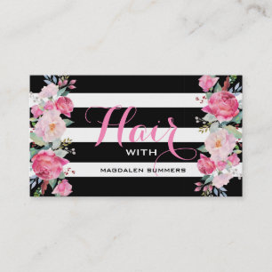 Colorful Flowers Bouquet Black & White Stripes Business Card