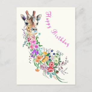 Colorful Flowers Bouquet Giraffe Birthday Card