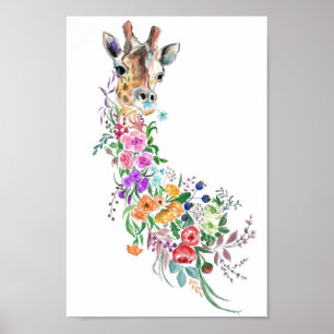 Colorful Flowers Bouquet Giraffe - Drawing Floral Poster