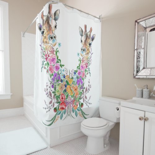 Colorful Flowers Bouquet Giraffe _ Drawing Floral Shower Curtain