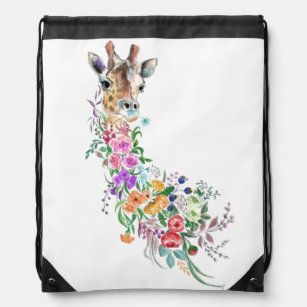 Colorful Flowers Bouquet Giraffe - Drawing Modern  Drawstring Bag