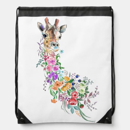 Colorful Flowers Bouquet Giraffe _ Drawing Modern  Drawstring Bag