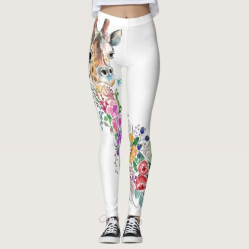 Colorful Flowers Bouquet Giraffe _ Drawing Modern  Leggings