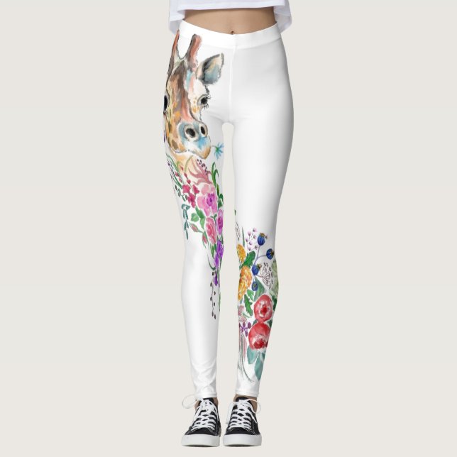 Colorful Flowers Bouquet Giraffe - Drawing Modern  Leggings (Front)